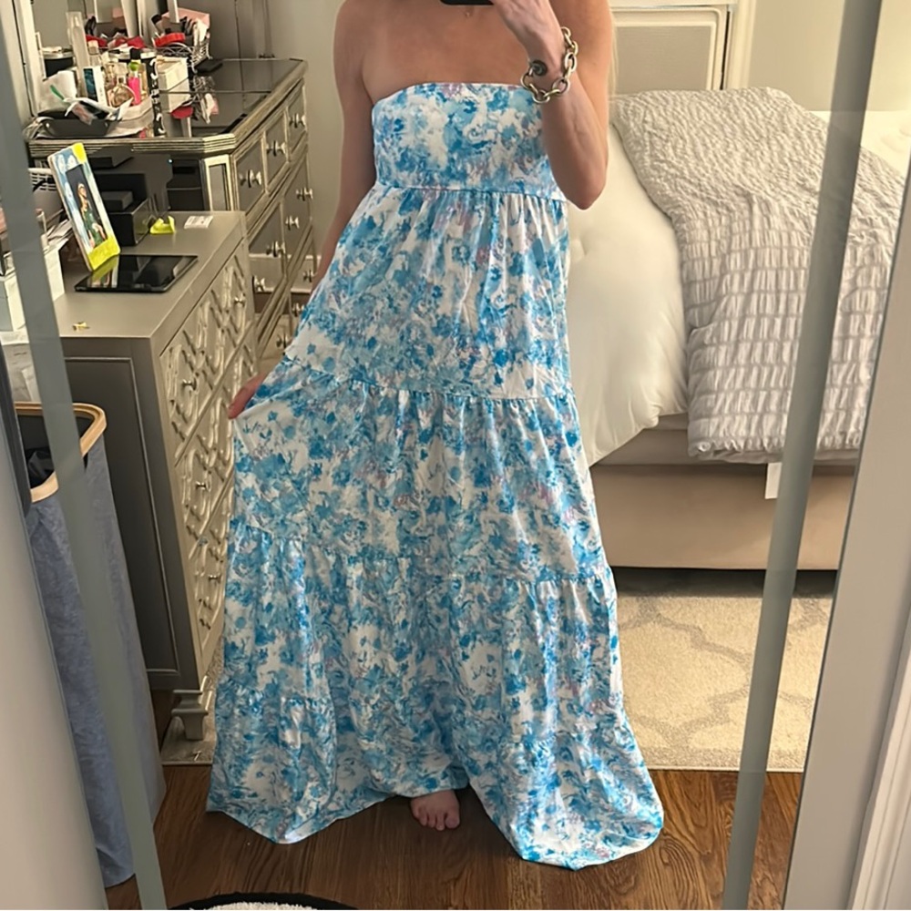 Strapless Blue & White Tie-Dye Maxi Dress
